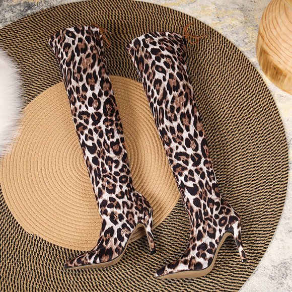 Shoes - New Leopard Print Pointed Toe Sexy Stiletto Over Knee Stretch Boots